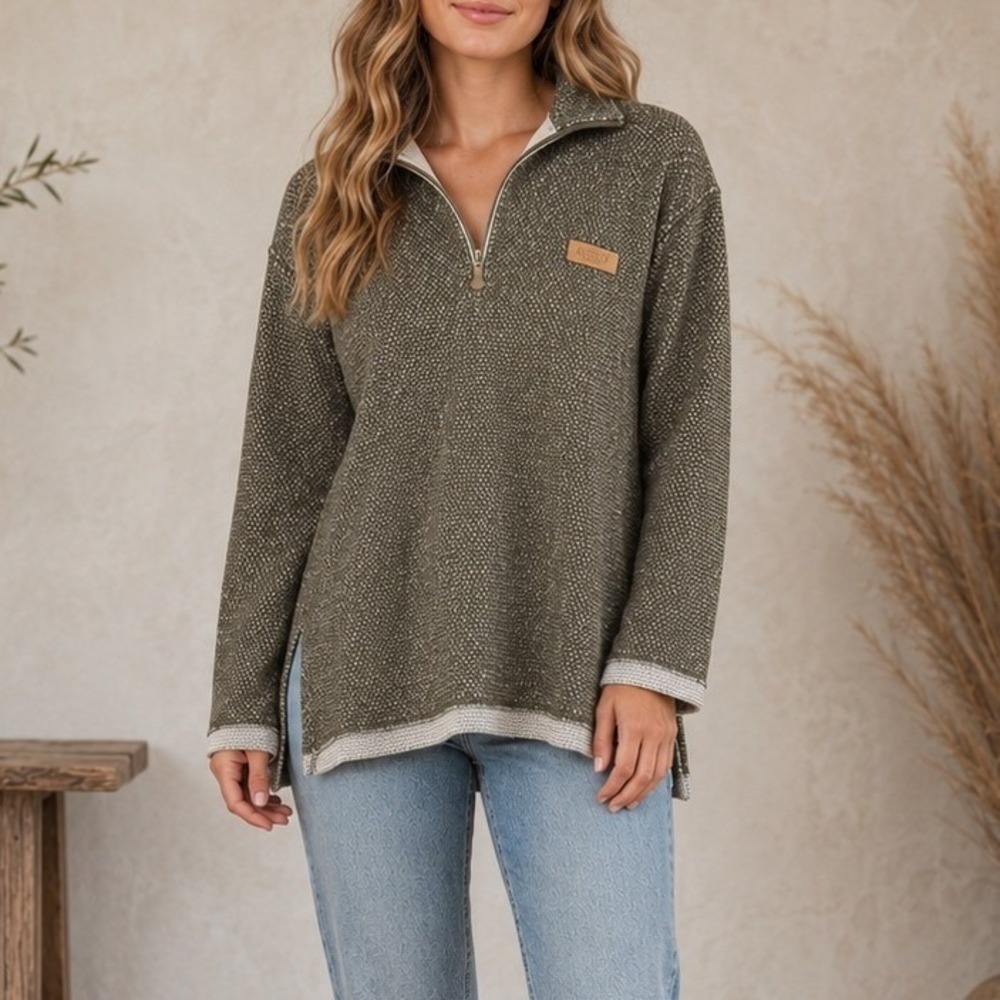 Jadelynn Brooke Pullover Olive Green Popcorn Knit Quarter Zip Gorpcore Medium